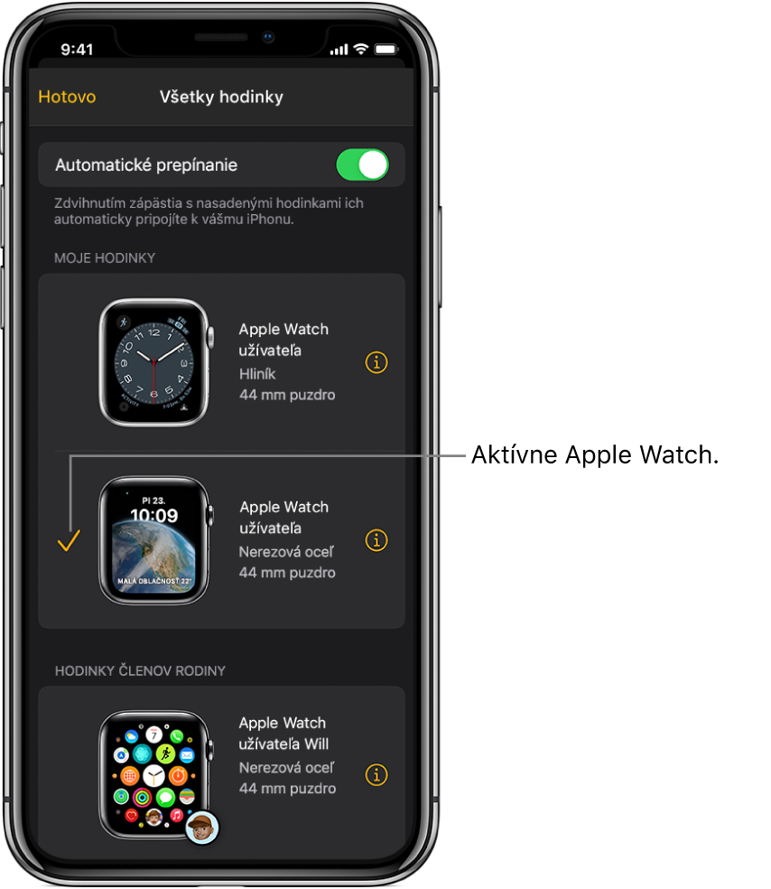 Na obrazovke Všetky hodinky v apke pre Apple Watch sú znakom zaškrtnutia označené práve aktívne Apple Watch.