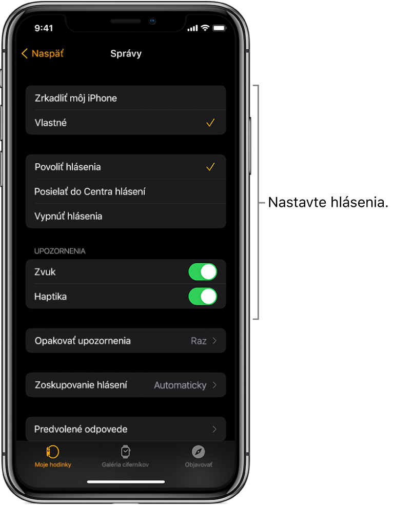 Nastavenia Správy v aplikácii Apple Watch na iPhone. Môžete sa rozhodnúť, či chcete zobraziť upozornenia, zapnúť zvuk, zapnúť haptickú odozvu alebo opakovať upozornenia.