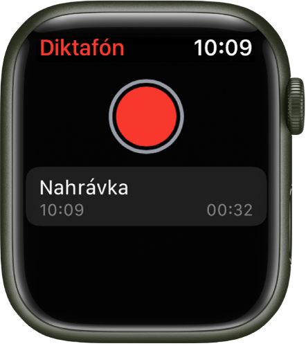 Apple Watch zobrazujúce obrazovku Diktafón. V hornej časti sa nachádza červené tlačidlo Nahrávať. Pod ním sa nachádza nahratá hlasová správa. Hlasová správa zobrazuje čas, kedy bola nahratá, a dĺžku.