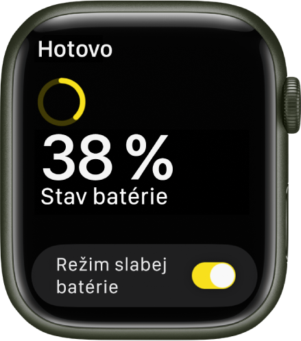 Obrazovka režimu slabej batérie zobrazuje čiastočný žltý kruh oznamujúci zostávajúcu kapacitu, slová Zostáva 38 percent batérie a tlačidlo Režim slabej batérie v spodnej časti.