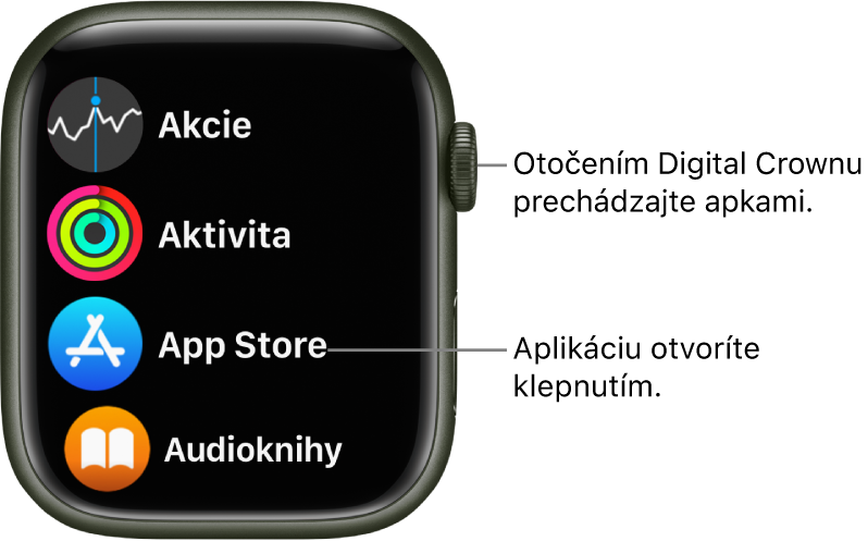 Plocha hodiniek Apple Watch v zobrazení Zoznam s apkami usporiadanými v zozname. Klepnutím na aplikáciu ju otvoríte. Rolovaním zobrazíte ďalšie aplikácie.