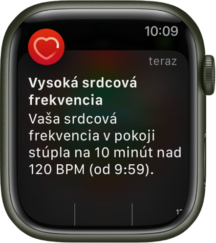 Obrazovka Vysoká srdcová frekvencia zobrazujúca hlásenie, že vaša srdcová frekvencia sa zvýšila nad 120 BPM, keď ste boli nečinní 10 minút.