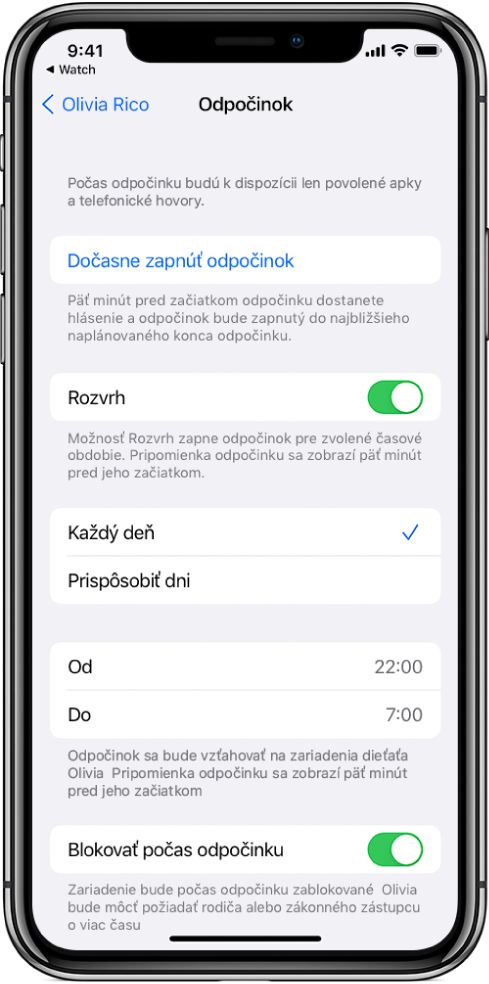 iPhone s obrazovkou na nastavenie funkcie Odpočinok. V hornej časti sa nachádza prepínač Rozvrh. Nižšie sa nachádzajú možnosti Každý deň a Prispôsobiť dni, pričom je vybratá možnosť Každý deň. V strede obrazovky sú polia Od a Do a v dolnej časti je tlačidlo Blokovať počas odpočinku.