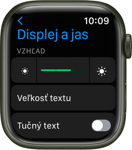 Nastavenia Displej a jas na hodinkách Apple Watch s posuvníkom Jas v hornej časti a tlačidlom Veľkosť textu nižšie.