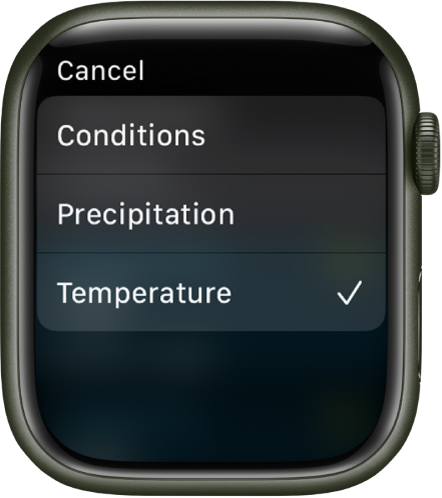 Aplikacija Weather (Vreme) prikazuje tri možnosti na seznamu – Conditions (Razmere), Precipitation (Padavine) in Temperature (Temperatura).