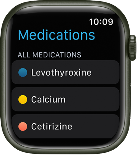 Aplikacija Medications (Zdravila) prikazuje seznam zdravil.