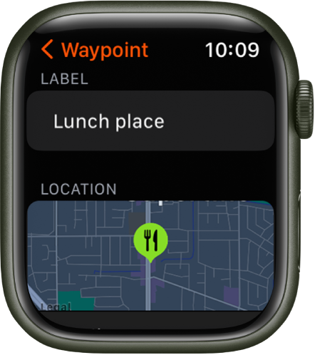 Aplikacija Compass (Kompas) prikazuje zaslon za urejanje točke poti. Polje Label (Oznaka) je zgoraj. Spodaj je območje Location (Lokacija), ki prikazuje lokacijo točke poti na zemljevidu. Simbol za jedilnico je uporabljen za točko poti.