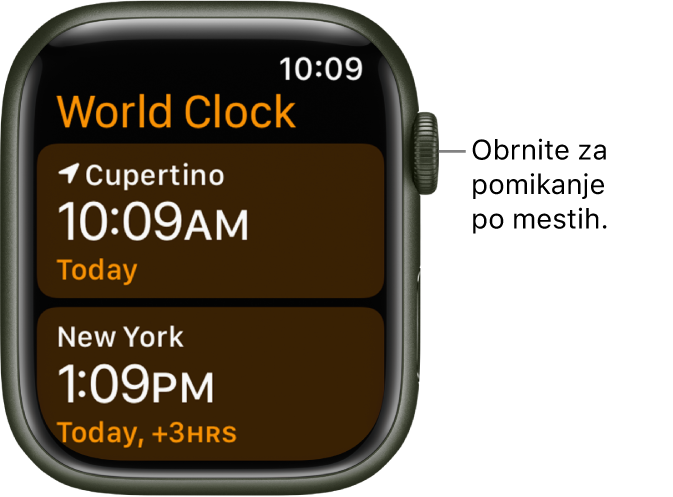 Aplikacija World Clock (Svetovna ura) s seznamom mest in drsnim trakom.
