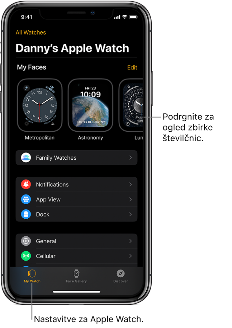 Aplikacija Apple Watch v napravi iPhone z odprtim zaslonom My Watch (Moja ura), na katerem so na vrhu številčnice in spodaj nastavitve. Na dnu zaslona aplikacije Apple Watch so trije zavihki: levi zavihek je My Watch (Moja ura), kjer najdete nastavitve za Apple Watch; naslednji je Face Gallery (Galerija številčnic), kjer lahko izberete številčnice in pripomočke, ki so na voljo; nato je Discover (Odkrij), kjer lahko izveste več o uri Apple Watch.
