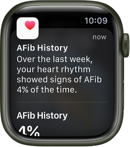 Obvestilo AFib History (Zgodovina AFib), ki prikazuje, da so znaki AFib prejšnji teden bili prisotni 4 % časa.