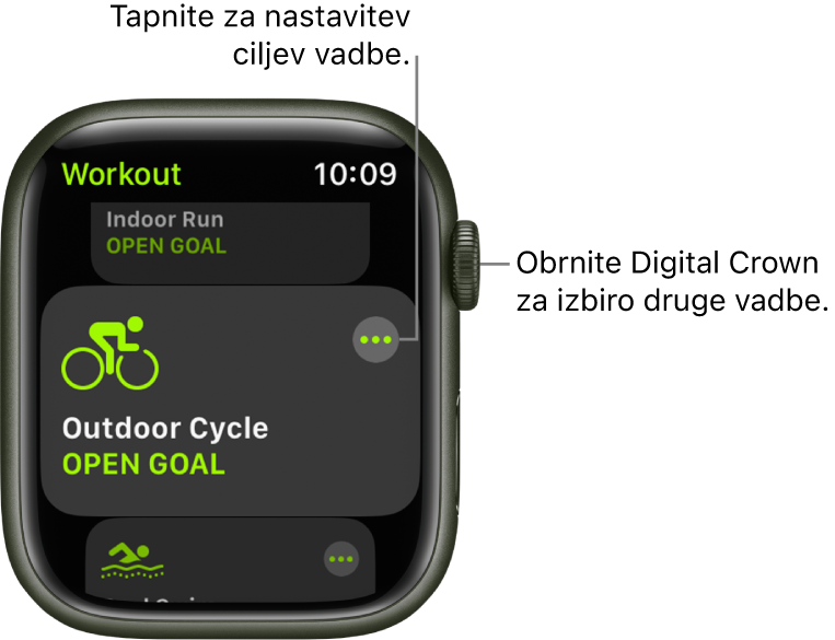 Zaslon Workout (Vadba) z označeno vadbo Outdoor Cycle (Kolesarjenje na prostem). Zgoraj desno od ploščice vadbe je gumb More (Več). Del vadbe Indoor Run (Notranji tek) je prikazan zgoraj. Del vadbe Outdoor Swim (Plavanje na prostem) je prikazan spodaj.