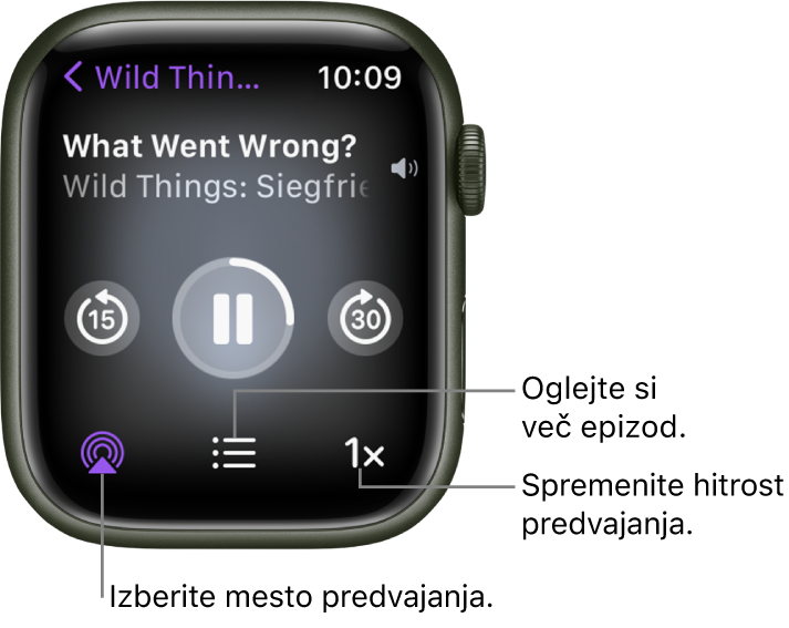 Zaslon Now Playing (Zdaj se predvaja) v aplikaciji Podcasts (Poddaje) prikazuje naslov oddaje, naslov epizode, datum, gumb za preskakovanje 15 sekund nazaj, gumb za začasno zaustavitev predvajanja, gumb za preskakovanje 30 sekund naprej, gumb AirPlay, gumb za epizode in gumb za hitrost predvajanja.