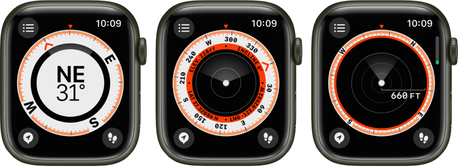 Aplikacija Compass (Kompas), ki prikazuje poglede, ki se pojavijo, ko obrnete gumb Digital Crown. Prva slika prikazuje smer. Drugi zaslon prikazuje vašo nadmorsko višino, naklon in koordinate v notranjem obroču. Na tretjem zaslonu so prikazane točke poti. Na vsakem zaslonu so prikazani gumb Details (Podrobnosti) v zgornjem levem kotu, gumb Waypoints (Točke poti) v spodnjem levem kotu in gumb Trackback (Vračanje po prehojeni poti) v spodnjem desnem kotu.