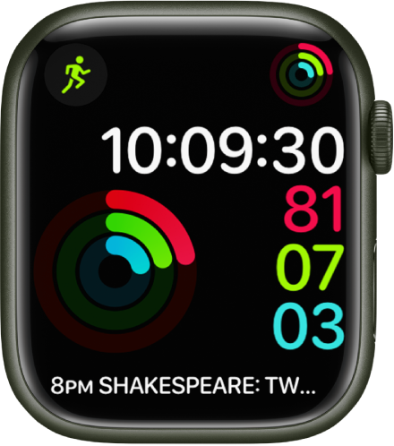 Številčnica s prikazom digitalne ure in aktivnosti, ki prikazuje čas, kot tudi napredek pri premikanju, vadbi in stanju na nogah. Vidni so tudi trije pripomočki: Workout (Vadba) levo zgoraj, Activity (Aktivnost) desno zgoraj in pripomoček Calendar Schedule (Koledar z urnikom), ki prikazuje dogodek spodaj.