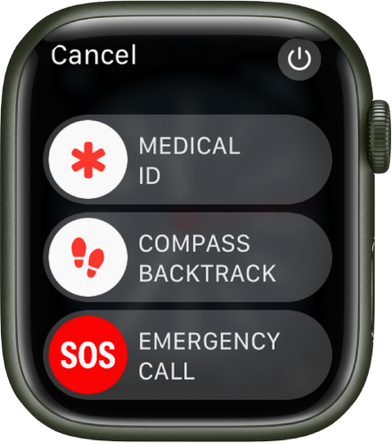 Zaslon ure Apple Watch s tremi drsniki: Medical ID (Zdravstvena izkaznica), Compass Backtrack (Vračanje po prehojeni poti s kompasom) in Emergency Call (Klici v sili). Zgoraj desno je gumb Power (Vklop/izklop).