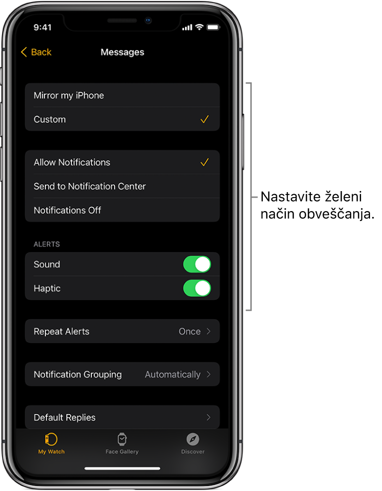 Nastavitve sporočil v aplikaciji Apple Watch v napravi iPhone. Izberete lahko, ali želite, da se opozorila pokažejo, vklopite zvok in haptiko ter določite ponovitve opozorila.