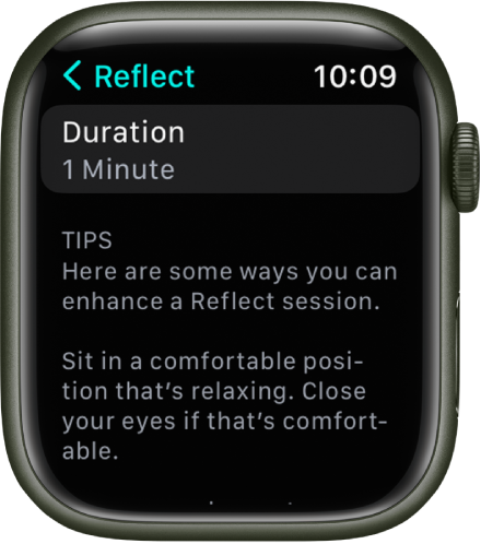 Zaslon aplikacije Mindfulness (Čuječnost) na vrhu prikazuje eno minuto. Spodaj so nasveti za izboljšanje seje Reflect (Odražanje).
