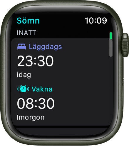 Appen Sömn på Apple Watch med kvällens sovschema. Överst visas tiden för läggdags och under det väckningstiden.