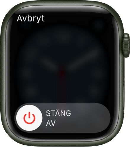 Apple Watch-skärmen visar reglaget Stäng av. Stäng av Apple Watch genom att dra reglaget.