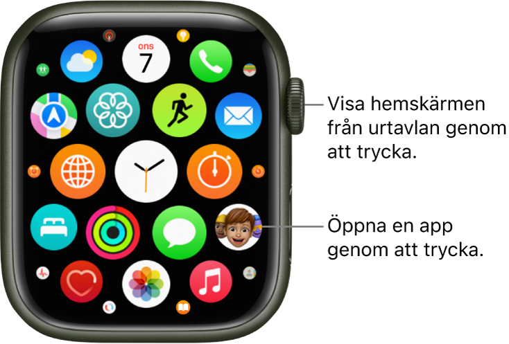 Hemskärmen i rutnätsvy på Apple Watch med appar i ett kluster. Öppna en app genom att trycka på den. Dra för att se fler appar.