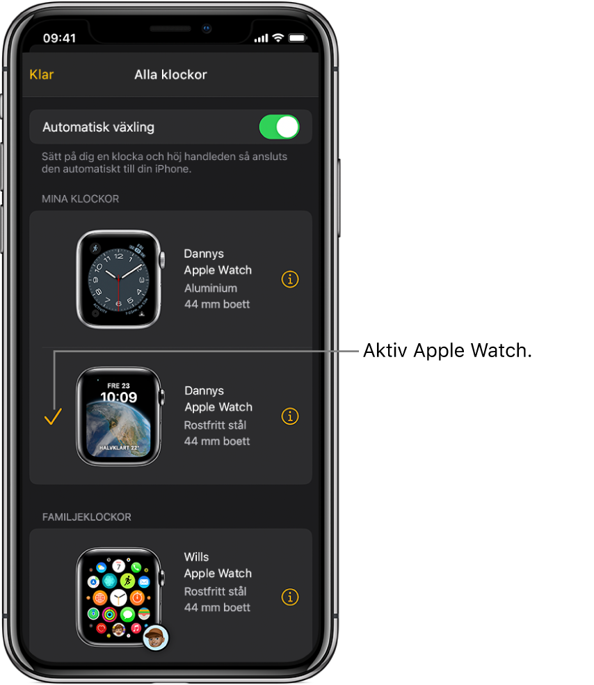 På skärmen Alla klockor i appen Apple Watch visar en bockmarkering vilken Apple Watch som är aktiv.