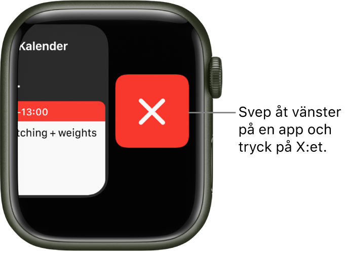 Dock, efter att du har svept åt vänster på en app, med X-knappen till höger.