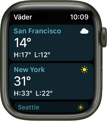Appen Väder visar väderinformation för två städer i en lista.