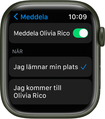 Meddelandeskärmen i appen Hitta personer. ”När jag lämnar platsen” är markerat.