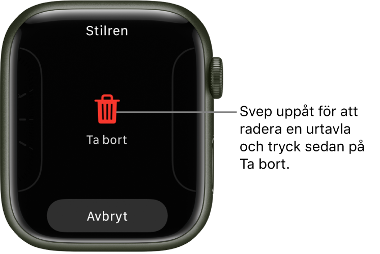 Skärmen Apple Watch med knapparna Ta bort och Avbryt som visas när du sveper till en urtavla och sedan sveper den uppåt för att radera den.