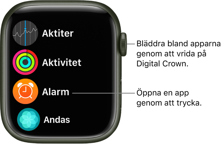 Hemskärmen i listvy på Apple Watch med appar i en lista. Öppna en app genom att trycka på den. Rulla för att se fler appar.