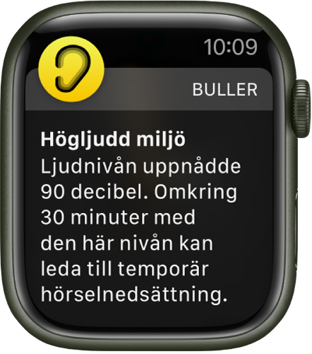 Apple Watch som visar en bullernotis. Symbolen för den app som är kopplad till notisen visas högst upp till vänster. Tryck på den om du vill öppna appen.