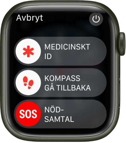 Skärmen på Apple Watch med tre skjutreglage: Medicinskt ID, Gå tillbaka och Nödsamtal. Överst till höger finns strömbrytaren.