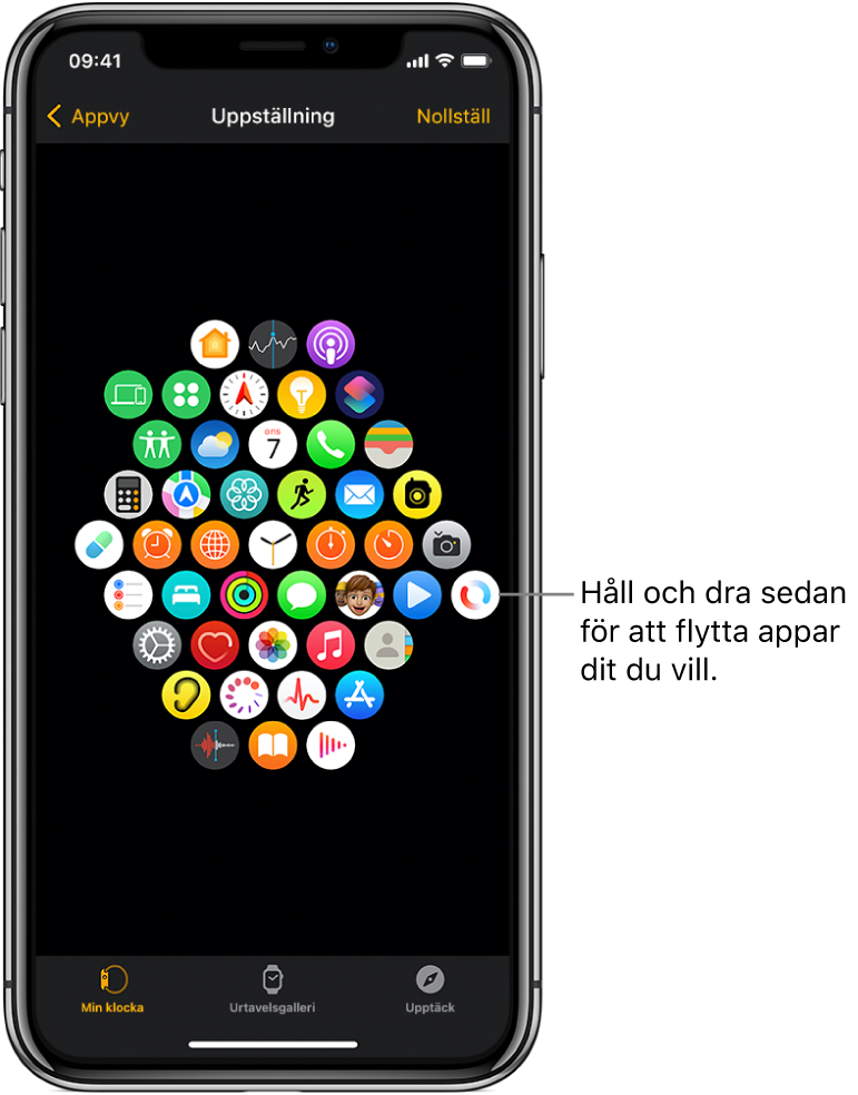 Uppställningsskärmen i Apple Watch-appen visar ett rutnät med symboler.