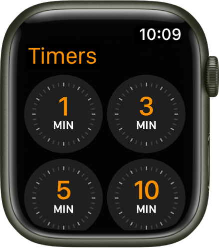 Timers-skärmen visas, med snabba alternativ för 1, 3, 5 och 10 minuter.