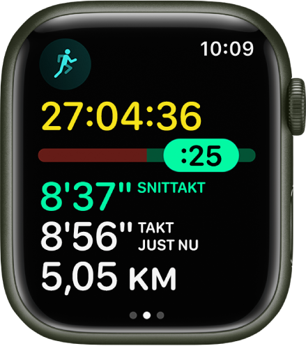 Appen Träning på Apple Watch visar taktanalysen i en utomhuslöpning. Högst upp visas tiden för löpningen. Nedanför finns ett reglage som visar hur långt före eller efter du befinner dig i tempot. Under det visas snittakt, takt just nu och distans.