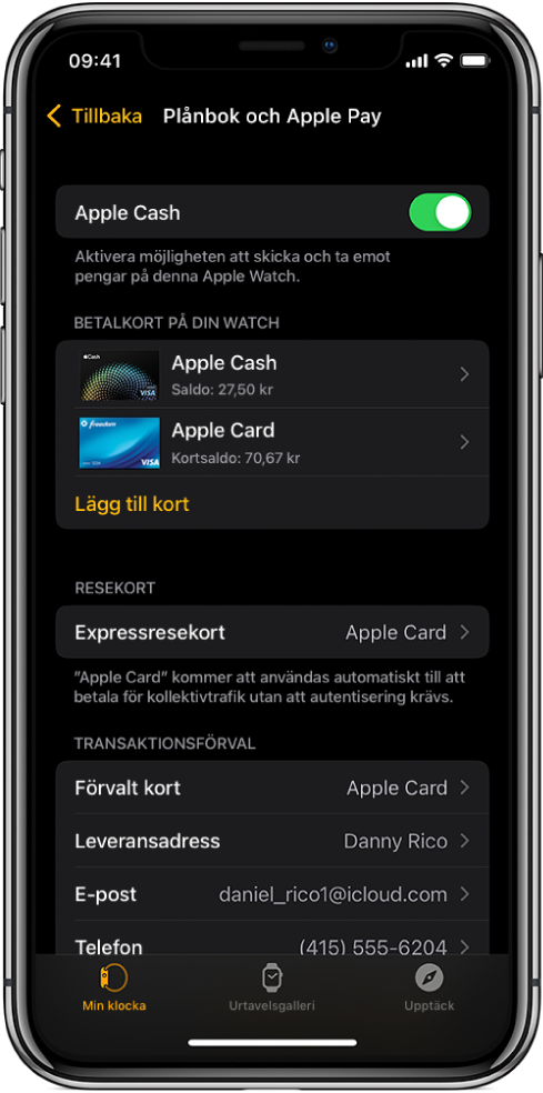 Skärmen Plånbok och Apple Pay i Apple Watch-appen på iPhone. På skärmen visas kort som har lagts till i Apple Watch, det kort du har valt att använda för expresskollektivtrafik samt förvalda inställningar för transaktioner.