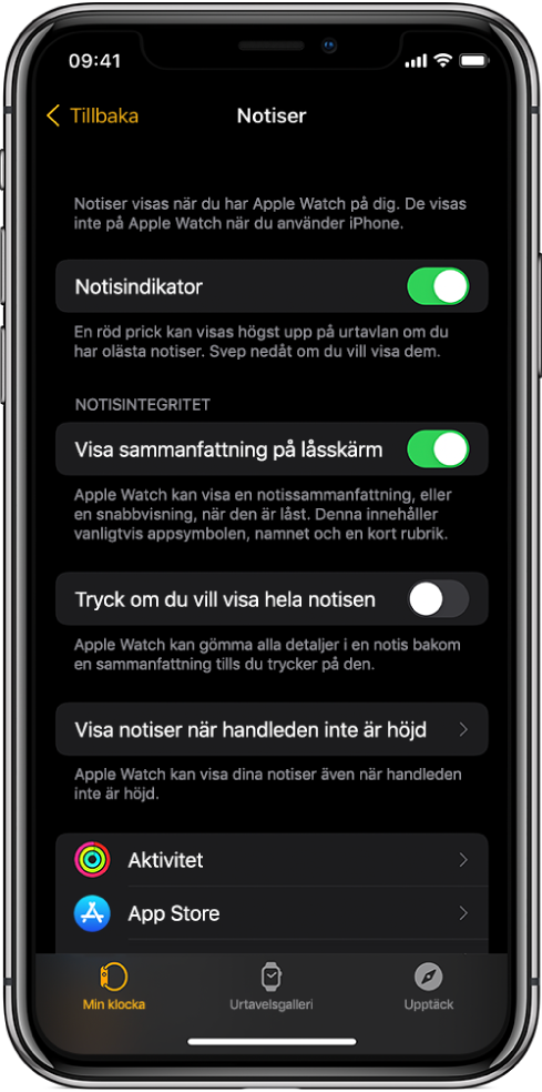 Skärmen Notiser i Apple Watch-appen på iPhone som visar notiskällor.