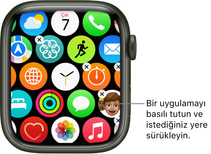 Izgara görüntüsündeki Apple Watch ana ekranı.