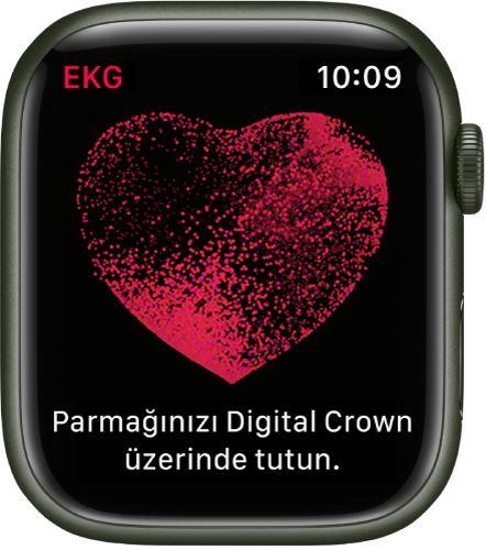 “Parmağınızı Digital Crown üzerinde tutun” sözcükleriyle birlikte bir kalp resmi gösteren EKG uygulaması.