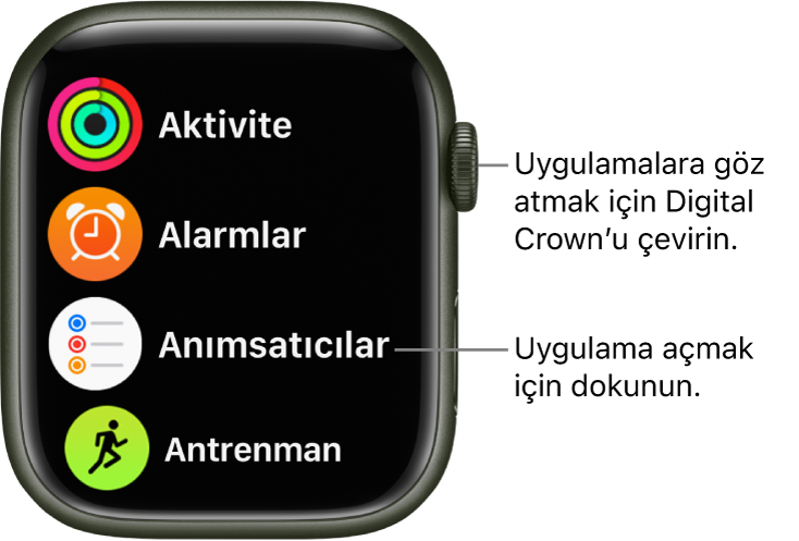 Apple Watch’ta liste şeklindeki uygulamalarla liste görüntüsündeki ana ekran. Açmak istediğiniz bir uygulamaya dokunun. Diğer uygulamaları görmek için kaydırın.