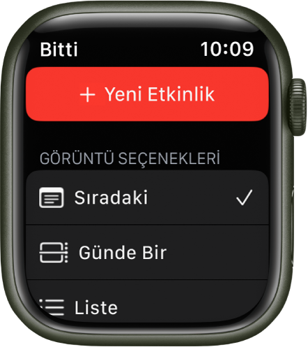 Takvim ekranı, en üstte Yeni Etkinlik düğmesini ve altında üç görüntüleme seçeneğini (Sıradaki, Gün ve Liste) gösteriyor.