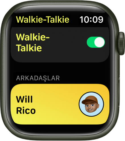 Üst tarafta Walkie-Talkie anahtarını ve en altta davet ettiğiniz bir arkadaşı gösteren Walkie-Talkie ekranı.