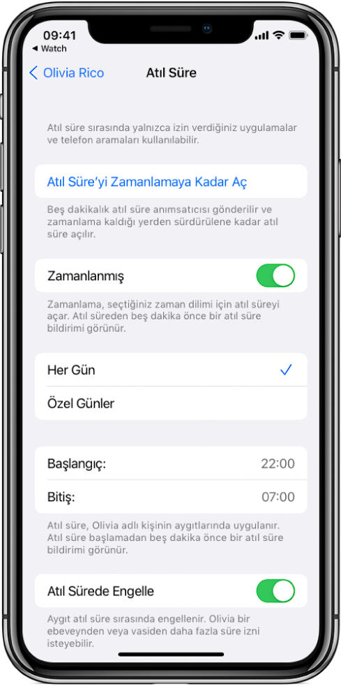 Atıl Süre ayarlama ekranını gösteren iPhone. Programlanan anahtarı üst tarafa yakın. Onun altında Her Gün ve Özel Günler seçenekleri görünüyor ve Her Gün seçili. Başlangıç ve Bitiş saatleri ekranın ortasında ve Atıl Sürede Engelle düğmesi alt tarafa yakın.