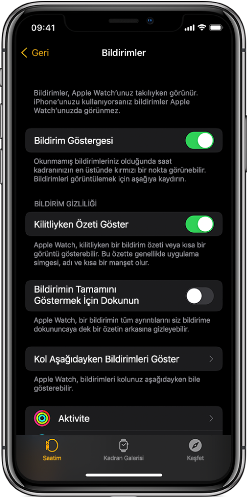 iPhone’daki Apple Watch uygulamasında bildirim kaynaklarını gösteren Bildirimler ekranı.