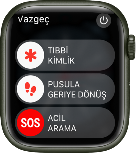 Üç sürgü gösteren Apple Watch ekranı: Tıbbi Kimlik, Pusula Geriye Dönüş ve Acil Arama. Güç düğmesi sağ üstte.