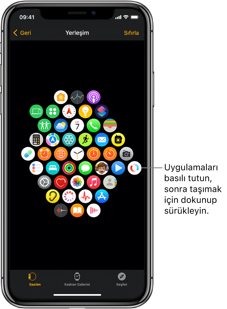 Izgara görüntüsünde simgelerin gösterildiği Apple Watch uygulamasındaki Yerleşim ekranı.