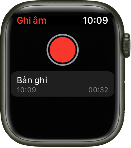 Apple Watch đang hiển thị màn hình Ghi âm. Một nút Ghi âm màu đỏ xuất hiện ở gần trên cùng. Một bản ghi âm xuất hiện ở bên dưới. Bản ghi âm hiển thị thời gian được ghi và thời lượng.