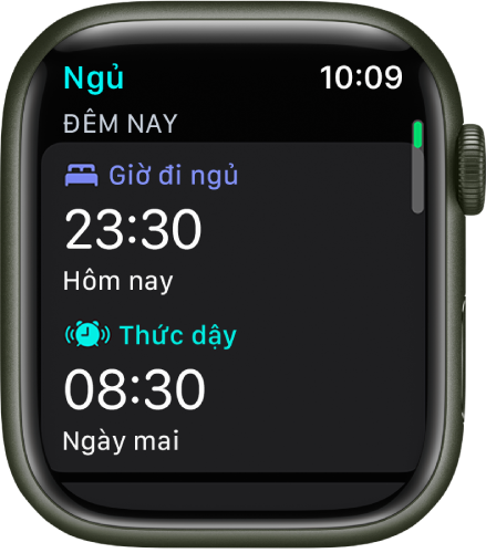 Màn hình Ngủ trên Apple Watch đang hiển thị lịch trình ngủ của buổi tối. Giờ đi ngủ xuất hiện ở trên cùng và giờ Thức dậy ở bên dưới.