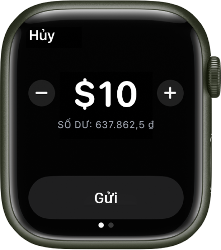 Một màn hình Tin nhắn đang hiển thị một khoản thanh toán Apple Cash đang được chuẩn bị. Số tiền bằng đô la ở trên cùng. Số dư hiện tại ở bên dưới và nút Gửi ở dưới cùng.