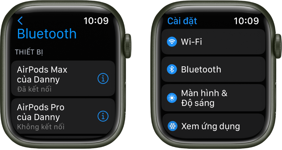Hai màn hình cạnh nhau. Ở bên trái là một màn hình liệt kê hai thiết bị Bluetooth khả dụng: AirPods Max được kết nối và AirPods Pro không được kết nối. Ở bên phải là màn hình Cài đặt, đang hiển thị các nút Wi-Fi, Bluetooth, Màn hình & Độ sáng và Xem ứng dụng trong một danh sách.
